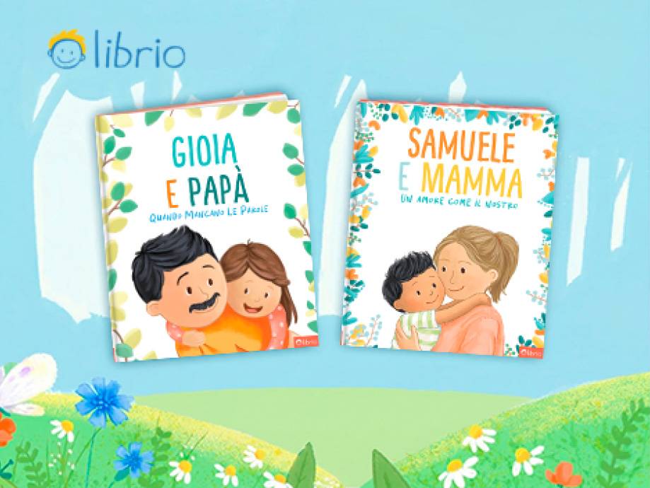 Due libri per bambini personalizzati, uno con padre e figlia, l'altro con madre e figlio.
