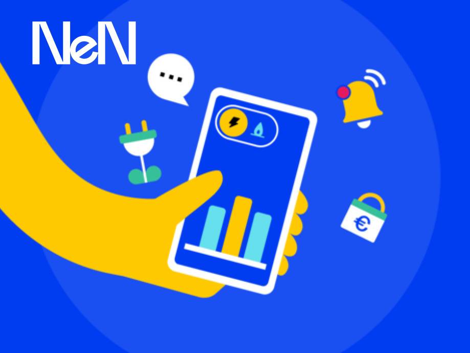 Mano che tiene uno smartphone con grafici, icone di spina, notifica e lucchetto su sfondo blu.