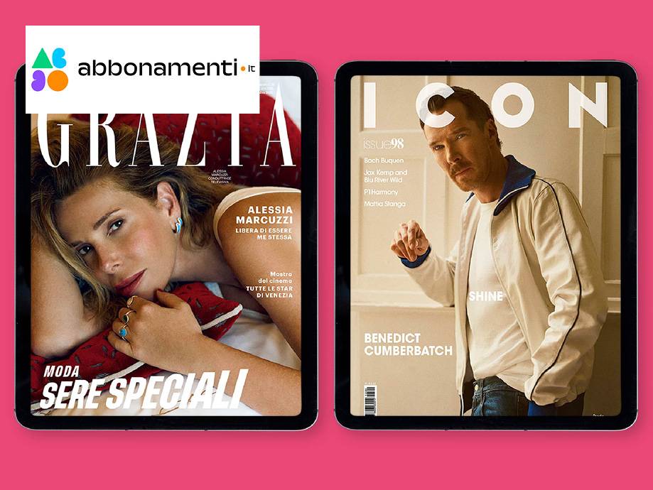 Due tablet mostrano le copertine delle riviste digitali Grazia e Icon, con Alessia Marcuzzi e Benedict Cumberbatch.