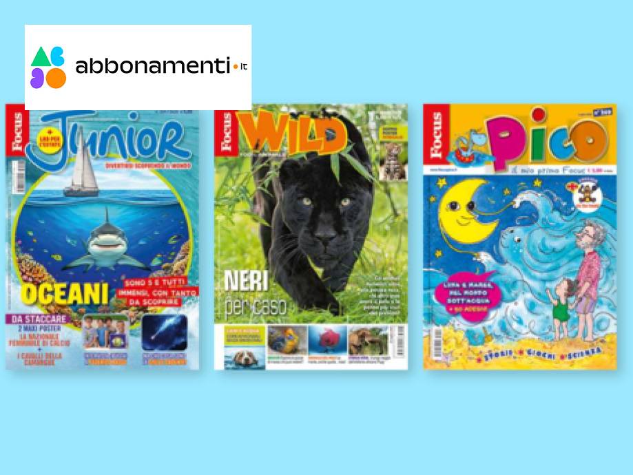 Tre riviste per bambini, Focus Junior, Focus Wild e Focus Pico, con un logo di abbonamento in alto a sinistra.