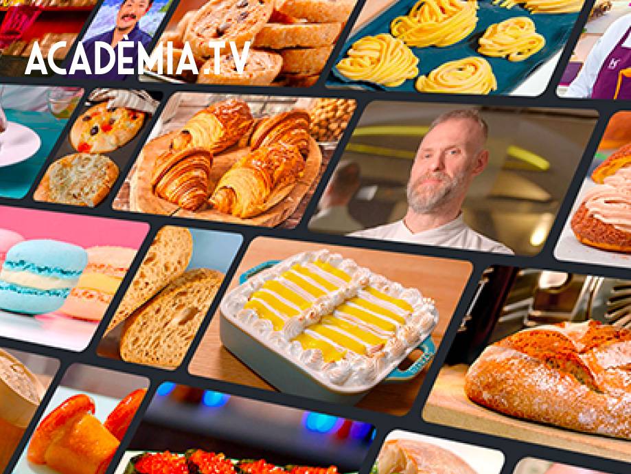 Un collage di immagini di prodotti da forno, dolci, pasta e un cuoco, con il logo 'ACADEMIA.TV'.