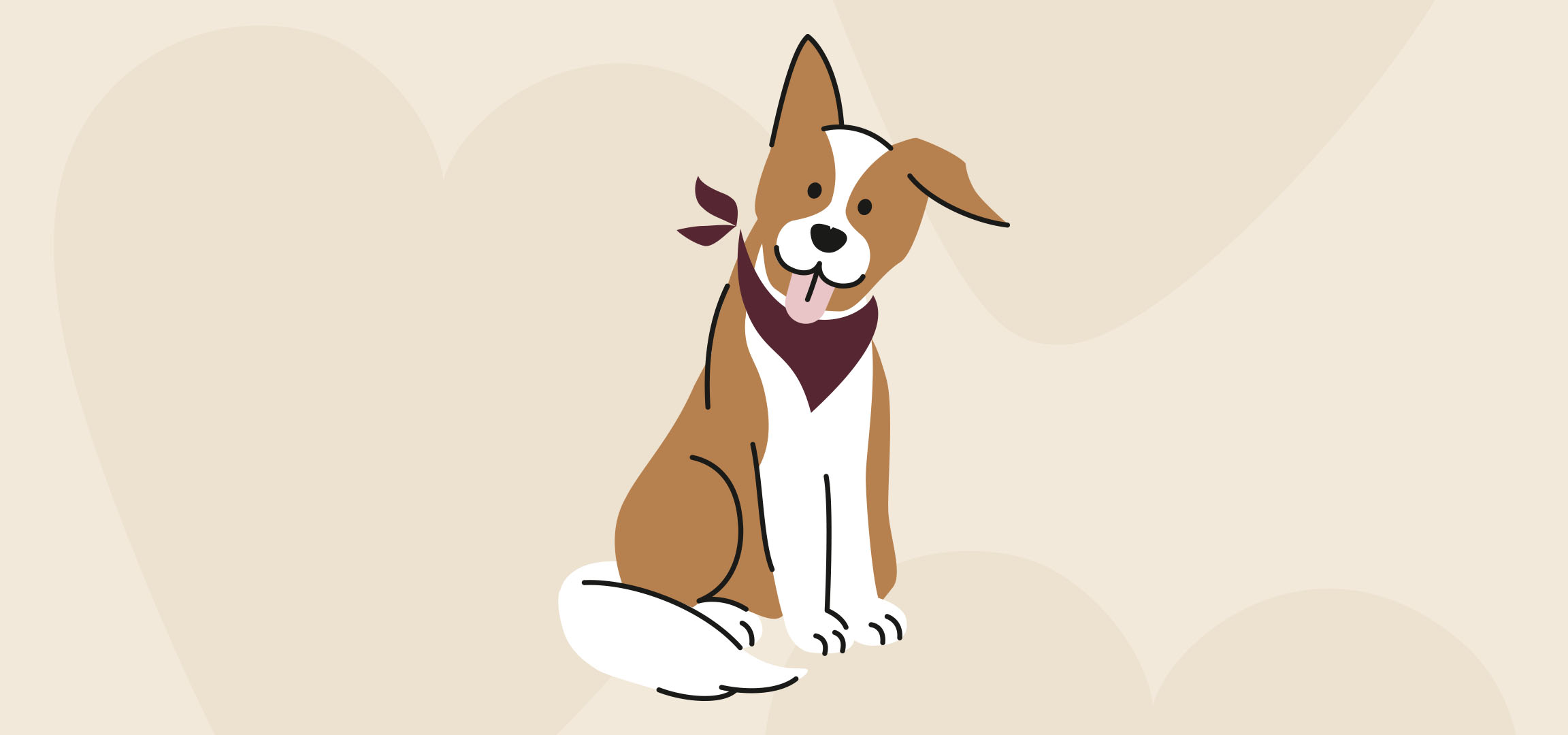 Cane felice a cartoni animati con bandana rossa seduto su uno sfondo beige chiaro.
