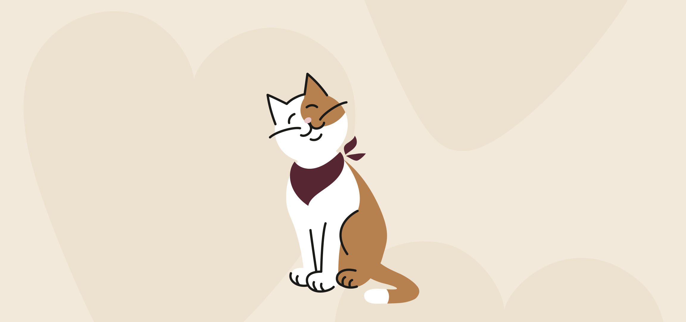 Un gatto sorridente con una bandana bordeaux su uno sfondo beige con forme astratte.