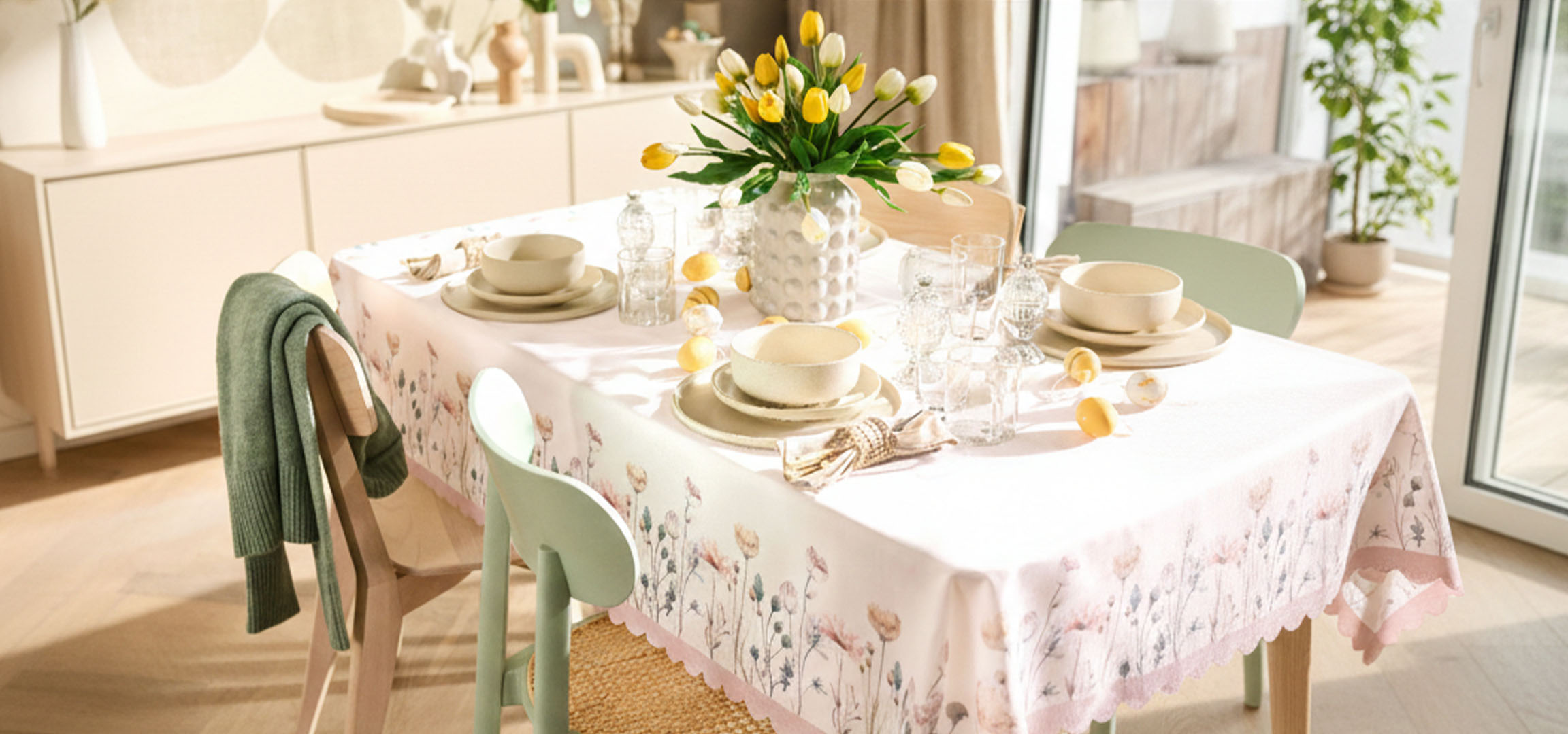 Tavola di Pasqua con tulipani gialli e bianchi, stoviglie eleganti e uova decorative.