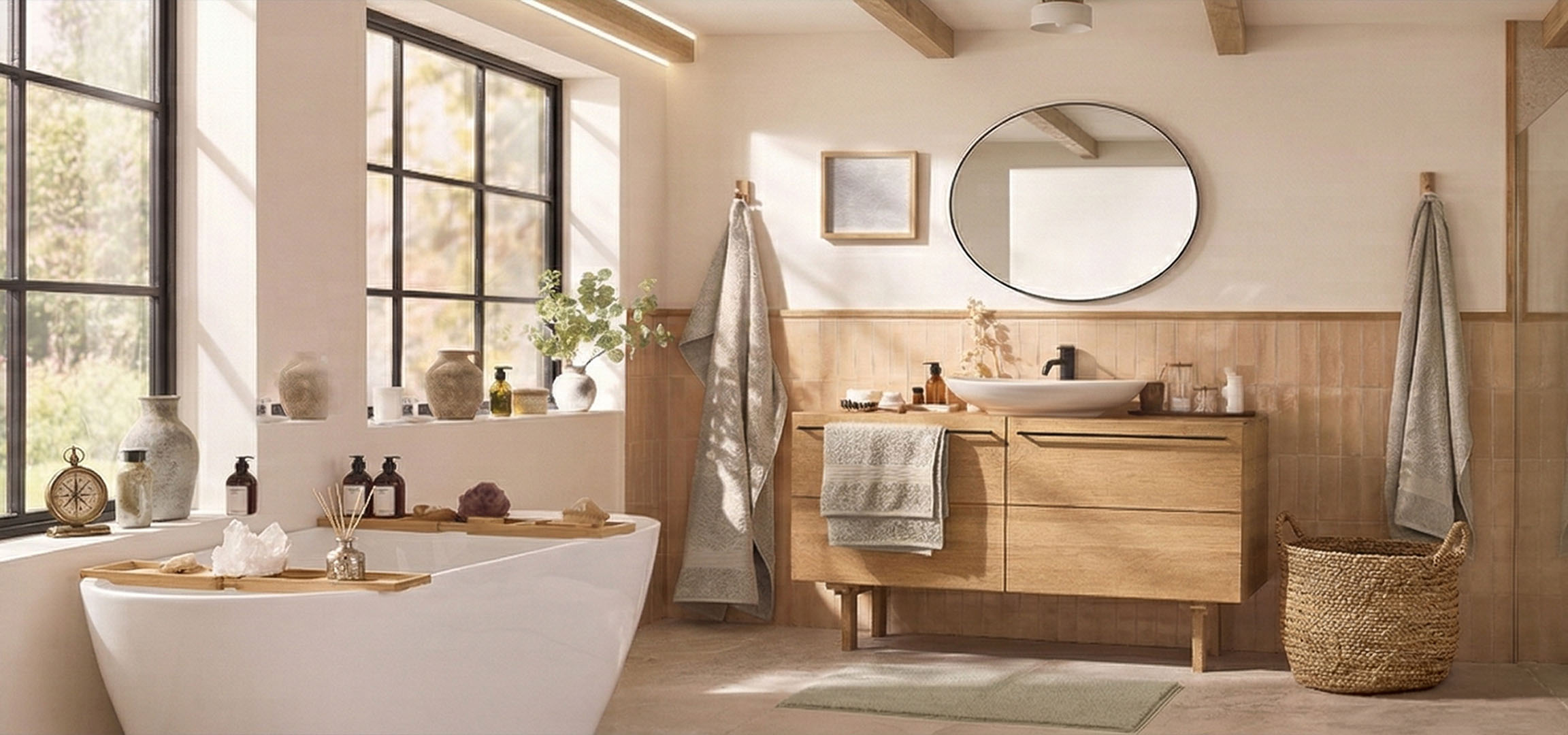 Bagno luminoso con vasca, doccia, mobili in legno e decorazioni naturali.