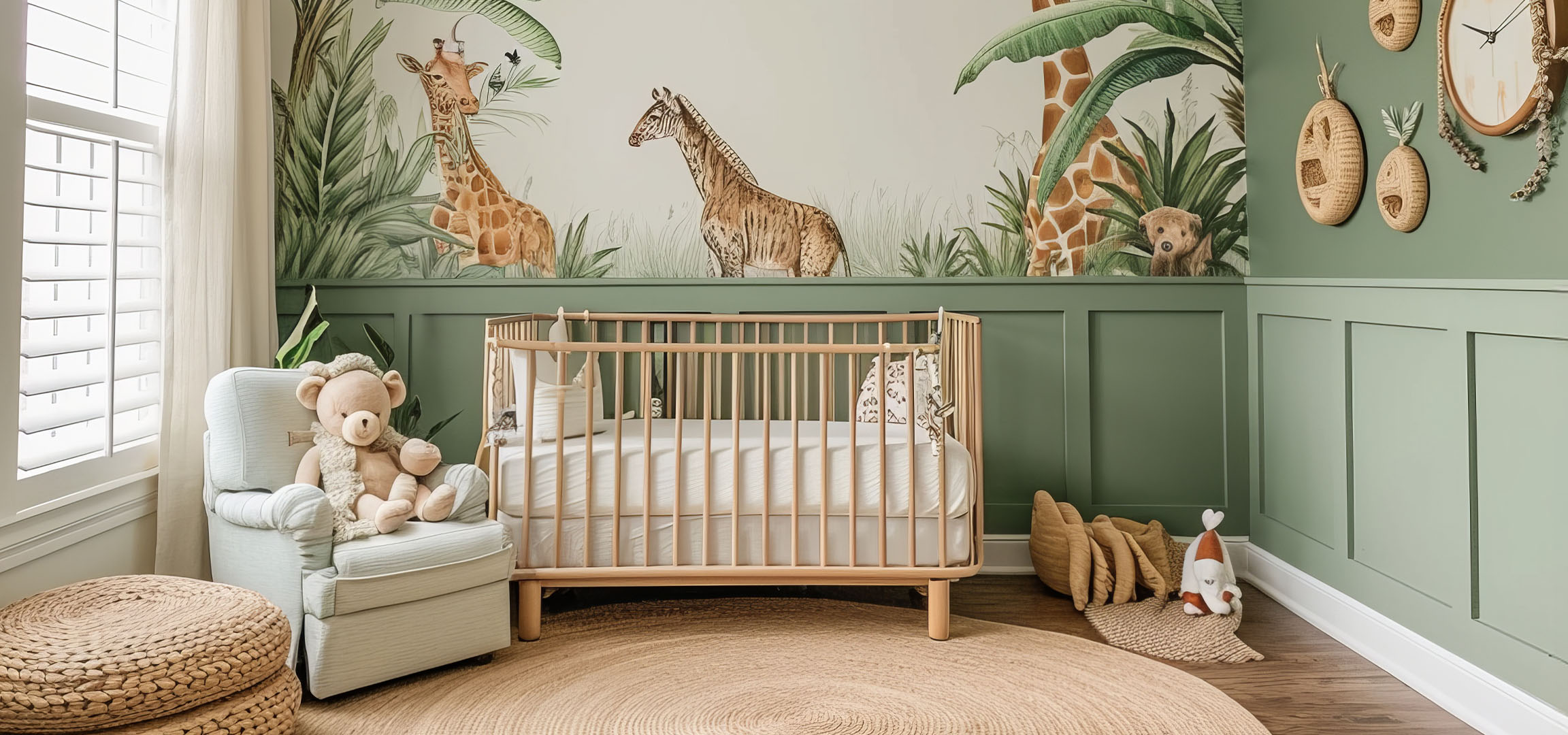 Cameretta per bambini con pareti verdi, culla in legno, poltrona e tappeto circolare.