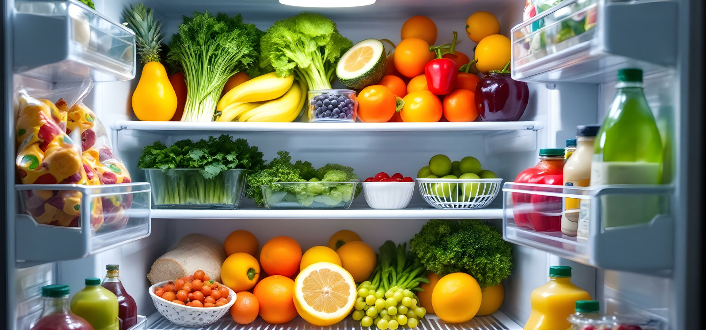 Aranci, verdure e succhi in un frigorifero.