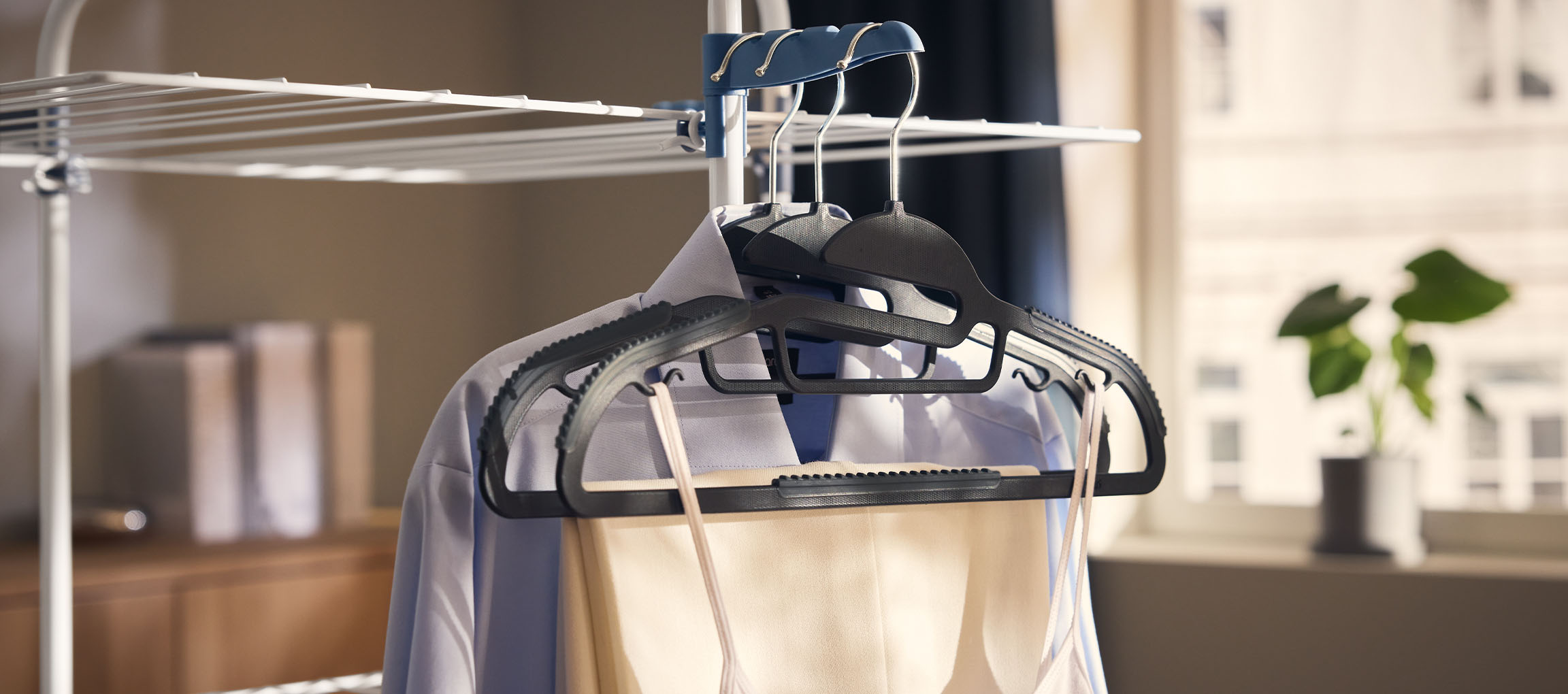 Vestiti su appendiabiti su uno stendibiancheria, con una pianta sullo sfondo.