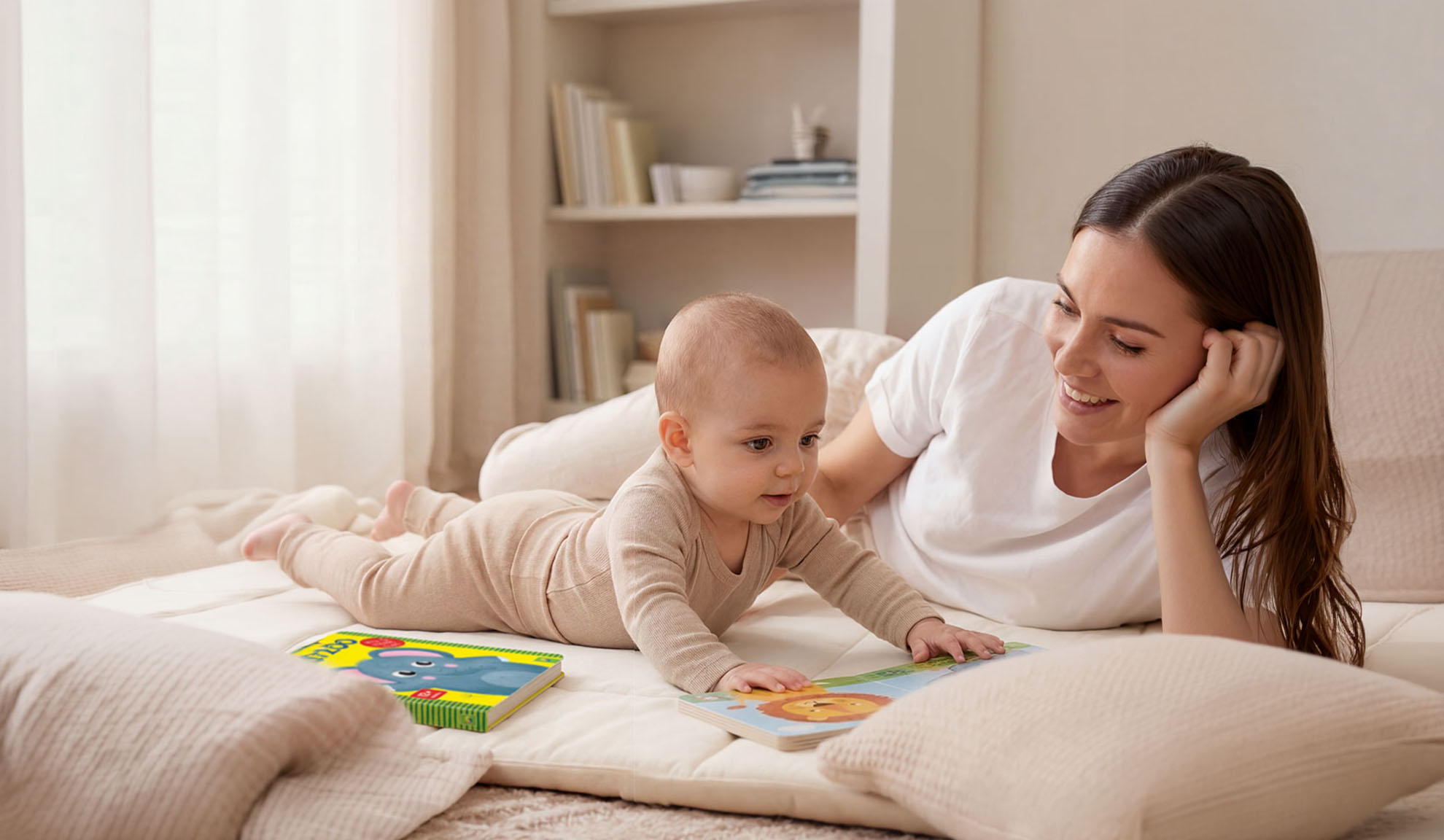 Madre e bambino sdraiati sul pavimento, leggendo libri con immagini di animali.