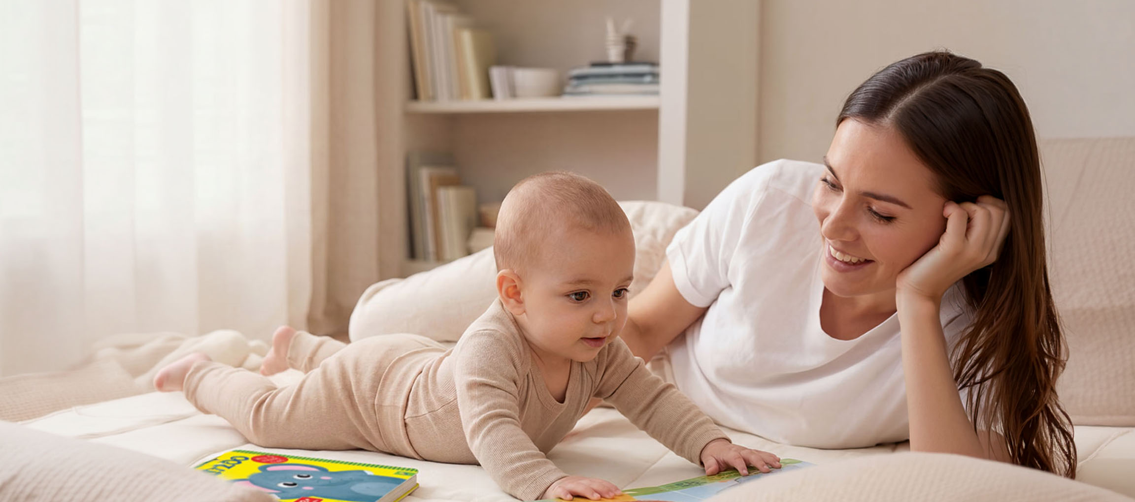 Madre e bambino sdraiati su un letto, leggendo un libro.