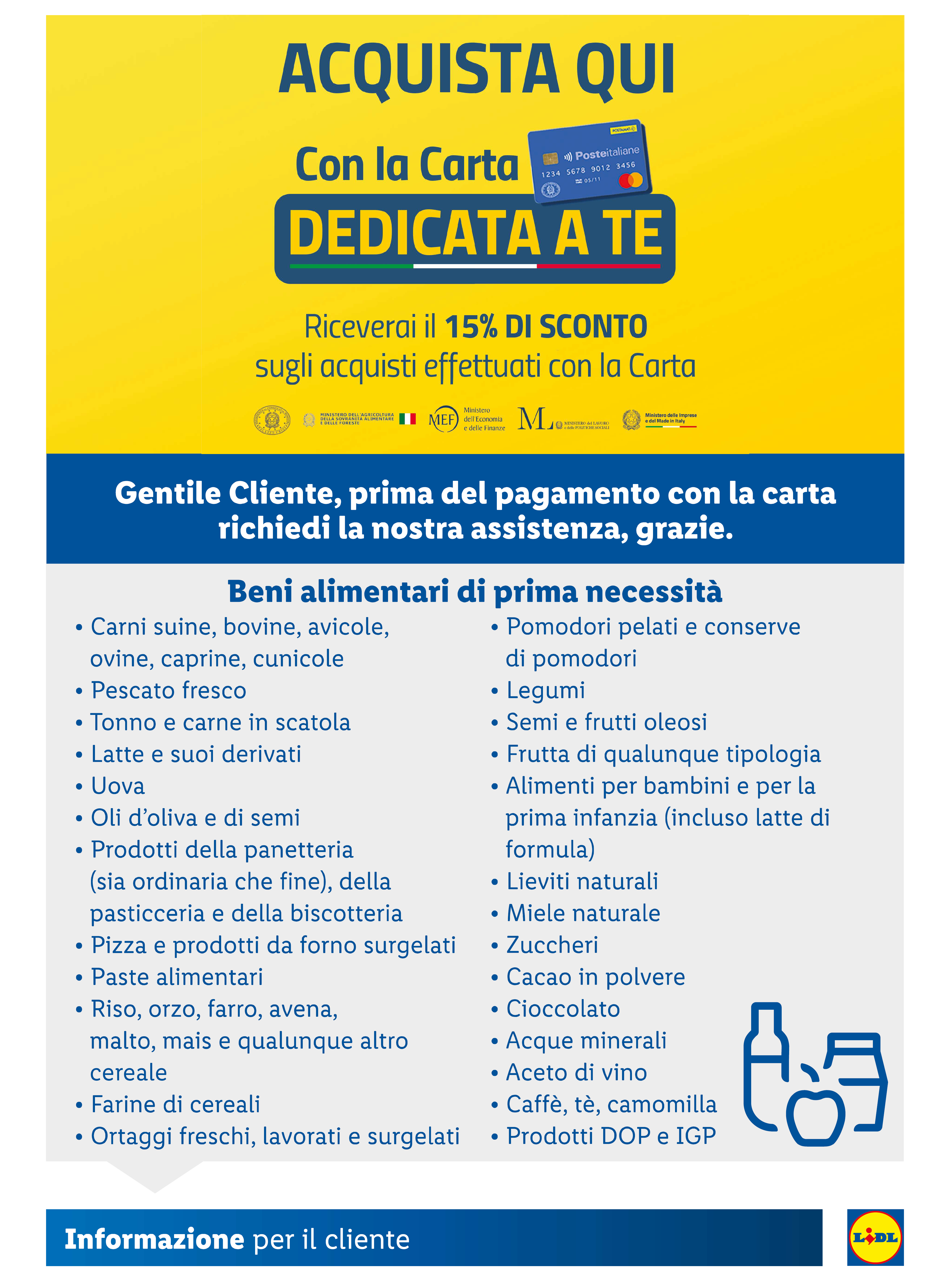 Manifesto Lidl con carta 'Dedicata a Te' per il 15% di sconto su beni alimentari di prima necessità.
