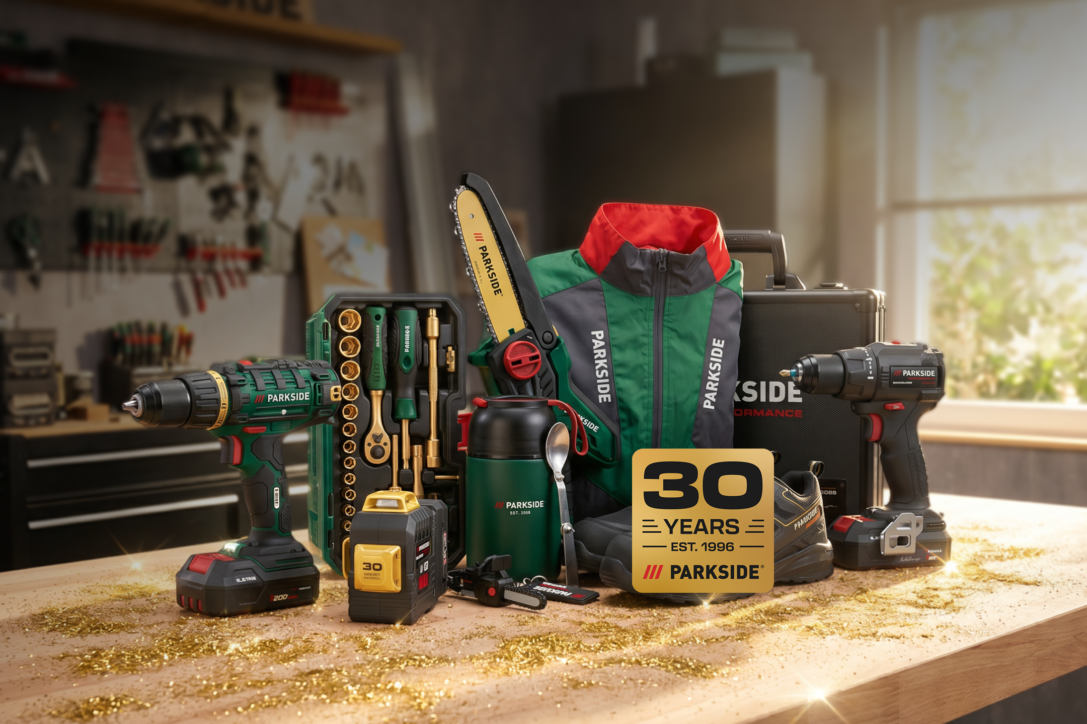 aiLabeling.aiLabelForImageAltText: Utensili elettrici e accessori su una superficie di legno con un logo '30 anni'.