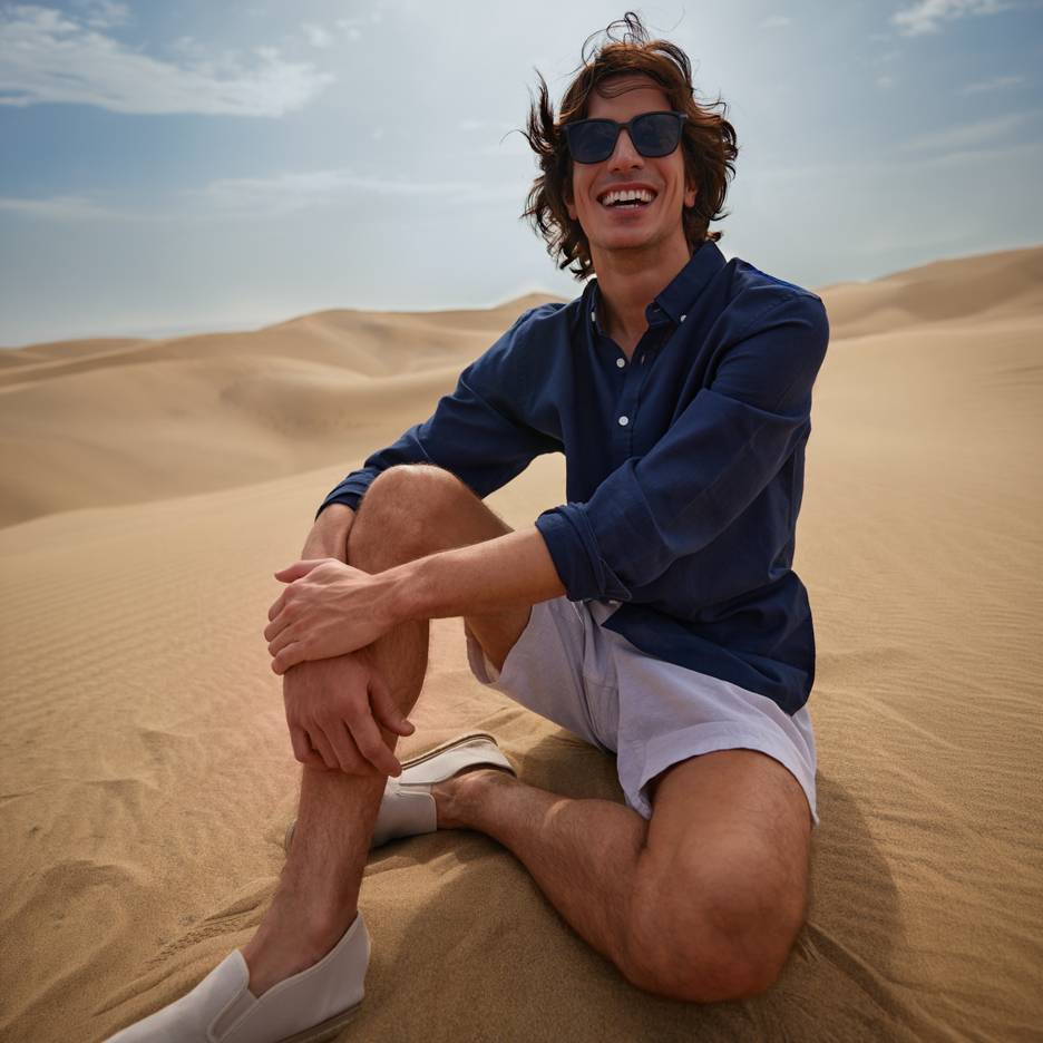 Uomo sorridente in camicia blu e pantaloncini, seduto sulle dune di sabbia.