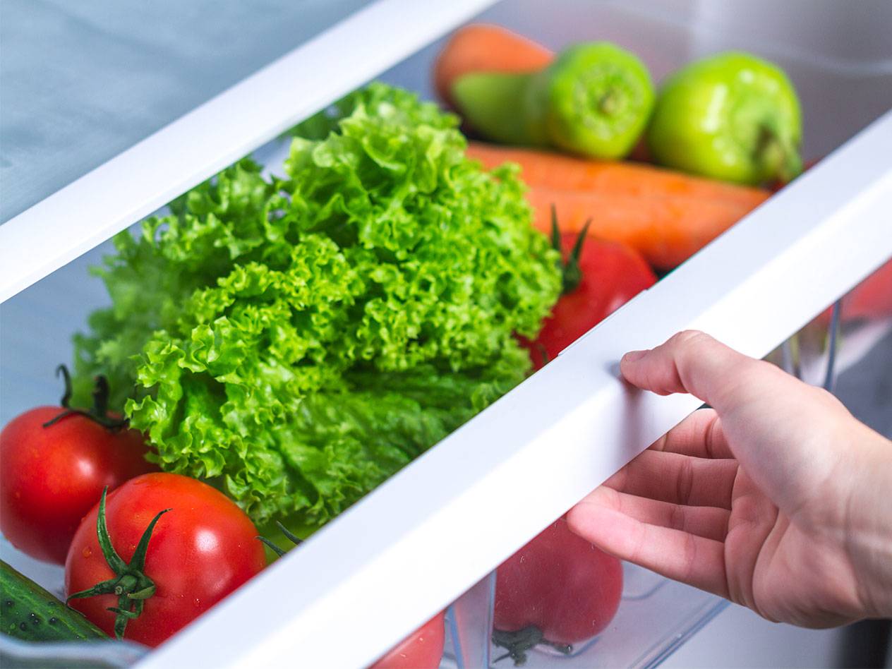 Lattuga, pomodori e carote nel frigorifero.