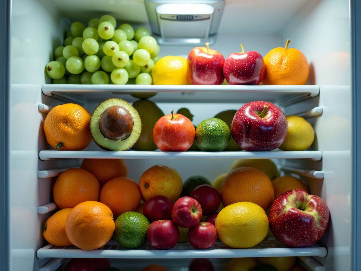 Uva verde, mele, arance, avocado in frigo.