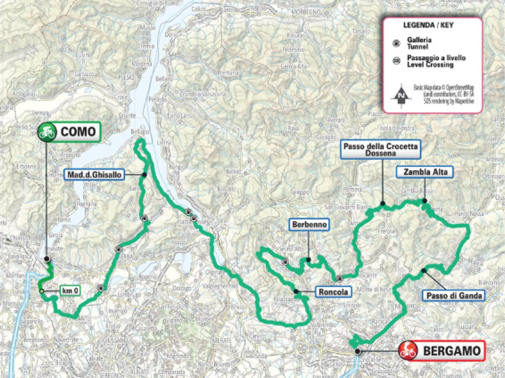 Mappa ciclistica che mostra un percorso da Como a Bergamo con punti di riferimento.
